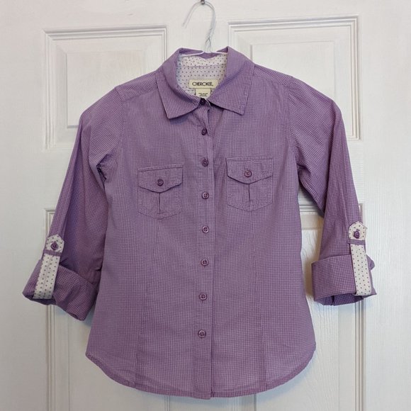 Cherokee Other - Cherokee Girls Lavender Plaid & Polka Dot Button Down 7/8